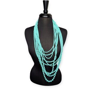Teal Multi-Strand Beaded Statement Necklace w/Lobster Claw Clasp